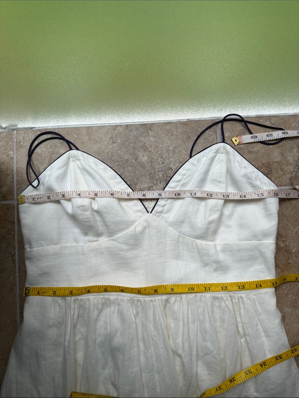 Maeve Linen Midi Dress White Navy Contrast Seamed Anthropologie Pockets Smocked - Picture 15 of 16